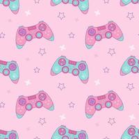 Game joystick on pink background with stars. Vector seamless pattern in kawaii style for gamer girl