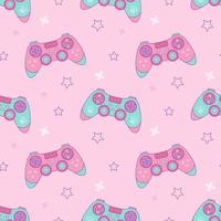 Game joystick on pink background with stars. Vector seamless pattern in kawaii style for gamer girl