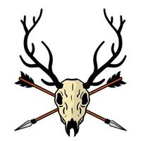 Skull of deer with arrow in head. Hunting trophy with horns. Antler of stag or reindeer with headshot. Scary black and white drawing for Halloween. vector