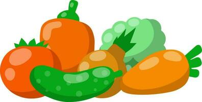 Cartoon flat illustration. Fresh natural village products. Tomato and pepper, onion with cucumber, broccoli, carrot vector