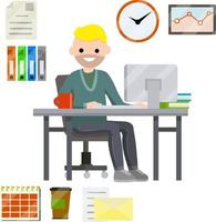 Man sitting at computer in office. Cartoon flat illustration. Set for business work-hours, file documents, letter, coffee, calendar. Smiling happy guy. Company employee and office items. Work with PC vector