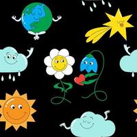 Background with funny characters. Bright seamless vector pattern with kawaii sun, cloud, chamomile flowers, bell, star, planet Earth in a trendy retro cartoon flat style.