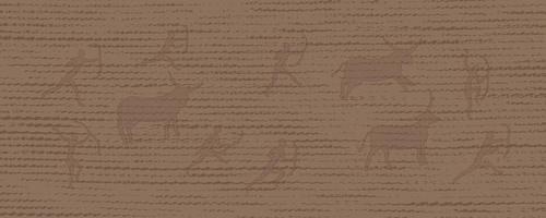 Elegant vector background in beige-brown tones with a matting texture and drawings in the Lascaux cave style. Abstract background with contours of bulls and hunters with bows. Rock paintings.