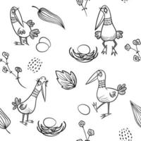 Seamless pattern with funny birds, eggs and leaves on a white background. In the style of the silhouette. For banners, textiles, wrapping paper, Wallpaper, etc. Vector