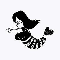 Funny mermaid swims. Marine theme in the style of doodles. Hand drawing of isolated objects on a white background. Vector illustration. Coloring book.