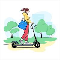 Girl with shoulder bag riding an electric scooter, vector drawing in a comic, cartoon style
