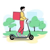 entrega hombre, chico con un térmico bolso montando un eléctrico scooter, vector dibujo en un cómic, dibujos animados estilo