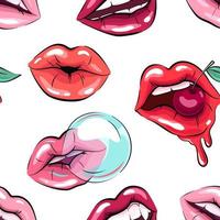 labios sin costura patrón, boca antecedentes. mujer labios con lápiz labial en vector dibujos