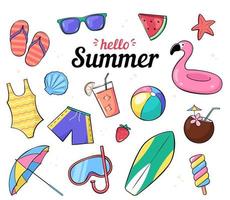 Set of summer, beach accessories and objects, vacation, holiday illustration in a cartoon, comic style vector