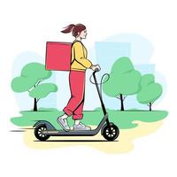 Delivery girl with a thermal bag riding an electric scooter, vector drawing in a comic, cartoon style