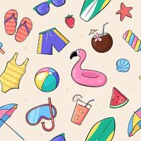 Seamless summer pattern with summer, beach accessories and objects in a cartoon, comic style vector