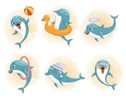 Vector set of playful happy dolphins in cartoon style.
