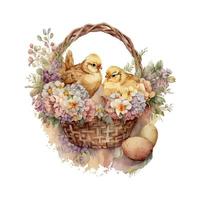 Happy easter Vector cute classic illustrations of easter eggs in a basket of flowers, chick, greeting text for a greeting card, poster or background