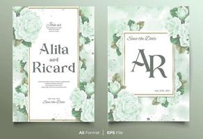 watercolor wedding invitation card template with green flower ornament vector