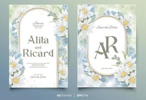 watercolor wedding invitation card template with white and blue flower ornament vector