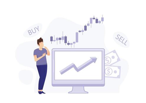 Stock market modern flat concept for web banner design. Male trader buys and sells on stock exchange, analyzes charts and statistics, invests money. Illustration with isolated people scene vector