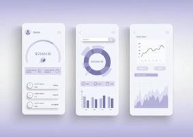 Online banking concept neumorphic templates set. Financial accounting, credit card, payment and bank services. UI, UX, GUI screens for responsive mobile app. Vector design kit in neumorphism style