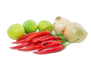 A set of vegetable- chilies, lime, and onion photo