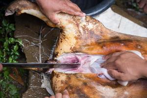 cutting up pork with knife photo