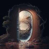 illustration an open fantasy door to the nature made with photo