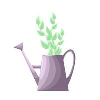 Watering cans with a branch of leaves. Gardeners taking care of the garden, growing and studying plants in nature. Can be used for many purposes. Vector illustration