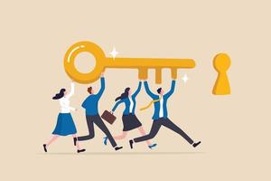 Key to success, teamwork, people to help solve problem, career opportunity, unlock secret or discovery, motivation concept, business people team member help carry golden success key push into keyhole. vector