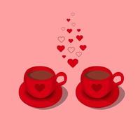 dos rojo tazas de caliente chocolate con corazón ornamento y vapor me gusta el forma de pequeño corazones. amor saludo tarjeta vector ilustraciones, aislado diseño elementos