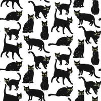 Seamless pattern featuring a Halloween black cat with yellow eyes. A flat cartoon cat in retro style is sitting, standing. An angry, dissatisfied, frowning animal. Color vector illustration
