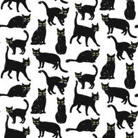 Seamless pattern featuring a Halloween black cat with yellow eyes. A flat cartoon cat in retro style is sitting, standing. An angry, dissatisfied, frowning animal. Color vector illustration