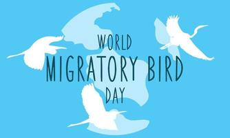 mundo día de migratorio aves. modelo para fondo, bandera, tarjeta postal, póster. vector ilustración. migración de aves. en un azul fondo, blanco siluetas de volador cigüeñas con el inscripción