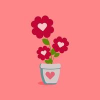 corazón forma rojo flores en un flor maceta. amor y romance símbolo. plano diseño. aislado vector ilustración