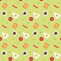 Seamless pattern with eggs and fried sausages, tomato, toast, and a cup of coffee. Breakfast wallpaper on green background. Paper cut out vector