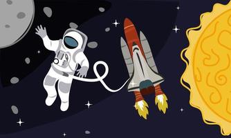 A banner with a space adventure. An astronaut in a spacesuit attached to a rocket flies against the background of the moon, sun, asteroids and stars. Adventure banner for printing holiday invitations vector