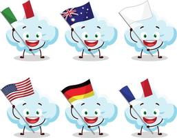 nube dibujos animados personaje traer el banderas de varios países vector