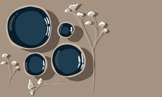 A banner with empty dark blue plates highlighted on a light tablecloth with dried flowers. Clay plates of different sizes of uneven shape. Handmade work. Ceramics. Simple vector illustration