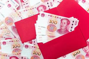 Yuan or RMB, Chinese Currency with red envelope photo