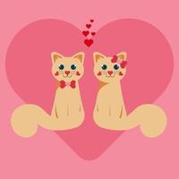 A couple of two cats in love on big pink heart background for valentines day, cute cartoon character, vector illustrations in flat style