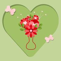 The bouquet of different flowers with butterflies in the big heart. Pink flowers in the vase, designed in paper folding style on a green background. Paper cut vector illustration