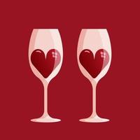 Two wine glasses with hearts. Two big red hearts in two wine glasses. Valentines day concept. Vector illustration