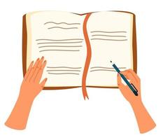 Hand making note. The concept of reading a book, writing in a notebook, teaching, studying, filling out a diary. Cartoon Vector Illustration