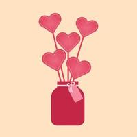 Pink hearts on a stick in a jar with a gift tag. Vector illustration
