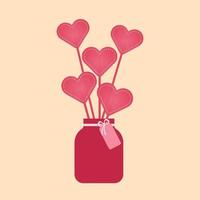 Pink hearts on a stick in a jar with a gift tag. Vector illustration