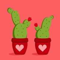 Two doodle cacti in the flower pots with heart ornament. Valentine, wedding, love cards, print for decorating clothing vector