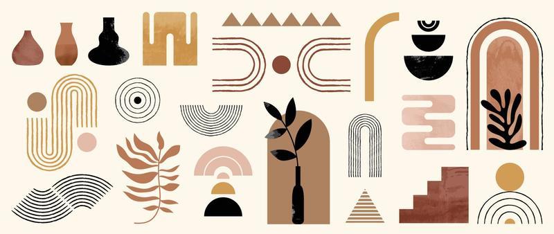 Hand drawn abstract minimal element mid century vector set. Aesthetic contemporary stripe line art, watercolor geometric shapes in nude colors. Art form design for wall art, decoration, wallpaper.