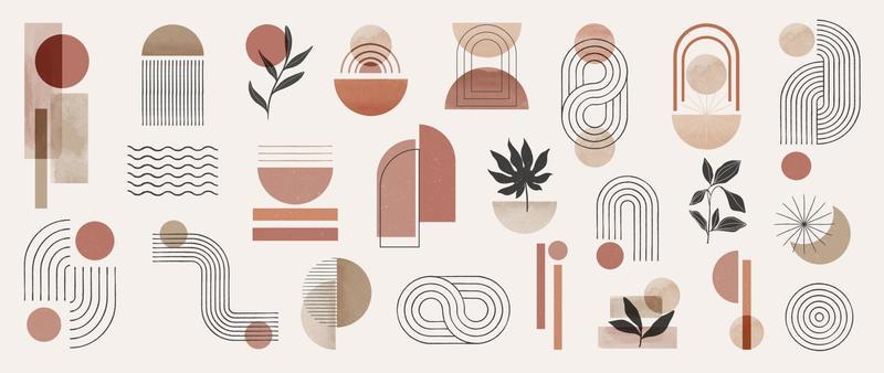 Hand drawn abstract minimal element mid century vector set. Aesthetic contemporary stripe line art, watercolor geometric shapes in nude colors. Art form design for wall art, decoration, wallpaper.