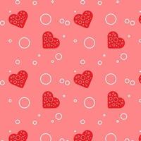 Red hearts with drops and circles in seamless pattern isolated on a red background. Love concept. Vector Illustration