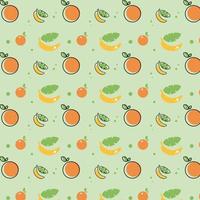 Seamless pattern with orange and banana fresh fruit. Healthy vitamin nutrition wallpaper on a green background. Outline color vector illustration