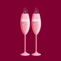 Two glasses of pink champagne with bubbles isolated on a maroon background vector