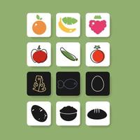 Set of colorful fruit and vegetable square button icons for app healthy nutrition. Vector illustration. Colorful outline web elements