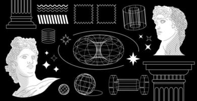 Collection of vector  y2k elements, wireframe models, greek statues and flat symbols.